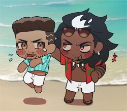 Rule 34 | 2boys, baptiste (overwatch), beach, beard, beard stubble, black hair, blush stickers, chest tattoo, chibi, couple, dark-skinned male, dark skin, day, facial hair, full beard, hawaiian shirt, highres, jewelry, laughing, lifting person, male focus, mature male, mauga (overwatch), multiple boys, mustache, necklace, ocean, outdoors, overwatch, overwatch 2, sand, sanpaku, shirt, shirt grab, shorts, shoulder tattoo, sideways glance, size difference, stubble, sunglasses, tattoo, tearing up, thick eyebrows, thre shar, tooth necklace, undercut, white shorts, yaoi