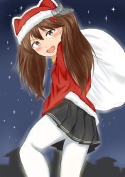 Rule 34 | 1girl, alternate costume, bag, black skirt, blush, bow, brown eyes, brown hair, christmas, female focus, from behind, fur trim, hair ornament, hat, highres, kantai collection, long sleeves, looking at viewer, looking back, matching hair/eyes, nabuki32, night, night sky, open mouth, outdoors, pantyhose, pleated skirt, red hat, red shirt, ryuujou (kancolle), santa costume, santa hat, scrunchie, shirt, skirt, sky, smile, solo, standing, star (sky), starry sky, teeth, twintails, white pantyhose, yellow bow