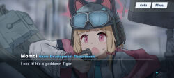 1girl :o absurdres animal_ears blonde_hair blue_archive blue_hair blue_necktie blurry blurry_background cat_ear_helmet cat_ears character_name collared_shirt combat_helmet commentary dirty dirty_clothes dirty_face dsfr english_commentary english_text fake_animal_ears fake_screenshot fury_(movie) gameplay_mechanics goggles goggles_on_headwear halo helmet highres holding military_vehicle momoi_(blue_archive) motor_vehicle necktie open_mouth pink_eyes pink_halo portrait scene_reference shirt solo tank v-shaped_eyebrows white_shirt world_war_ii