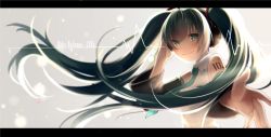 Rule 34 | 1girl, anniversary, aqua eyes, aqua hair, blurry, blush, character name, closed mouth, depth of field, detached sleeves, floating hair, hatsune miku, koruta (nekoimo), letterboxed, long hair, looking at viewer, outstretched hand, sidelocks, smile, solo, twintails, very long hair, vocaloid