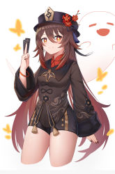 Rule 34 | 1girl, absurdres, brown hair, cropped legs, genshin impact, ghost, hat, highres, hu tao (genshin impact), kiz mk, long sleeves, looking at viewer, red eyes, short shorts, shorts, smile, solo, thighs, top hat, twintails