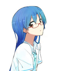 Rule 34 | 1girl, :o, bespectacled, blue hair, brown eyes, glasses, idolmaster, idolmaster (classic), kisaragi chihaya, long hair, looking at viewer, necktie, plaid, plaid necktie, plaid neckwear, red-framed eyewear, rough time school, school uniform, sketch, solo, sou (tuhut), upper body, white background