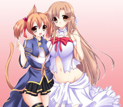 Rule 34 | 10s, 2girls, animal ears, asuna (sao), asuna (sao-alo), asymmetrical docking, bad id, bad pixiv id, breast press, breasts, brown eyes, brown hair, cat ears, cat tail, dress, hinapo, large breasts, miniskirt, multiple girls, navel, pleated skirt, pointy ears, red eyes, short hair, short twintails, silica, silica (sao-alo), skirt, sword art online, tail, thighhighs, titania (sao), twintails, zettai ryouiki