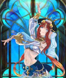 Rule 34 | 1girl, absurdres, artist name, blue eyes, blunt bangs, closed mouth, dancer, dancing, forehead jewel, genshin impact, hand up, harem outfit, highres, horns, jewelry, long sleeves, midriff, navel, nilou (genshin impact), red hair, redfield09, resolution mismatch, skirt, smile, solo, source smaller, twintails, vambraces, veil