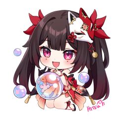 Rule 34 | 1girl, :d, animal, bare shoulders, black footwear, black gloves, black hair, blush, chibi, commentary, dress, fish, full body, gloves, goldfish, hitsukuya, honkai: star rail, honkai (series), long hair, mask, mask on head, open mouth, red dress, red eyes, shoes, signature, simple background, single glove, smile, solo, sparkle (honkai: star rail), twintails, very long hair, white background
