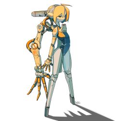 Rule 34 | 1girl, absurdres, ahoge, android, blonde hair, cyberpunk, extra arms, fewer digits, flat chest, full body, green eyes, half-closed eyes, highres, joints, koutetu yarou, looking at viewer, original, robot joints, see-through, shadow, signature, solo, standing, tube, white background