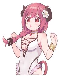 Rule 34 | 1girl, :o, bad id, bad twitter id, blush stickers, bracelet, braid, breasts, casual one-piece swimsuit, choker, cleavage, cowboy shot, cropped legs, cross-laced clothes, cross-laced one-piece swimsuit, curled horns, demon girl, demon horns, demon tail, flower, frilled one-piece swimsuit, frills, hair flower, hair ornament, hibiscus, horns, io (princess connect!), io (summer) (princess connect!), jewelry, long hair, looking at viewer, medium breasts, necklace, one-piece swimsuit, open mouth, pink hair, princess connect!, red eyes, simple background, single braid, solo, swimsuit, tail, uso (ameuzaki), w arms, white background