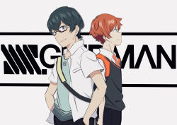 Rule 34 | 10s, 2boys, absurdres, aya tori 1101, back-to-back, black pants, blue eyes, collared shirt, comic, commentary request, copyright name, glasses, green hair, green shirt, gridman universe, hands on own hips, hibiki yuuta, highres, looking at viewer, male focus, multiple boys, necktie, open clothes, open shirt, pants, red hair, red neckwear, school uniform, shirt, short sleeves, ssss.gridman, utsumi shou, waistcoat, white shirt, wing collar