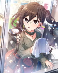 Rule 34 | brown eyes, brown hair, cleaning, idolmaster, idolmaster cinderella girls, jewelry, keyboard (computer), looking outside, mole, mole under eye, monitor, necklace, official art, open mouth, ribbed sweater, sharp teeth, skirt, snowflakes, snowing, sunazuka akira, sweater, teeth, twintails