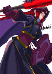 Rule 34 | 1girl, alternate color, arc system works, armor, blazblue, blazblue: chronophantasma, breastplate, cape, character name, gloves, hair tubes, hat, highres, long hair, obi, red eyes, red hair, sash, shield, solo, sword, tetsu (kimuchi), tsubaki yayoi, weapon, winged hat