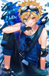 Rule 34 | 1boy, :d, belt, black gloves, black pants, blonde hair, blue background, blue eyes, blue shirt, character name, commentary, elbow pads, fingerless gloves, gloves, goggles, goggles on head, heterochromia, highres, kagamine len, knee up, lightning stone (module), looking at viewer, male focus, nail polish, open mouth, pants, project diva (series), red eyes, scrunchie, shinotarou (nagunaguex), shirt, shoes, sitting, skull print, smile, sneakers, spiked hair, tank top, tongue, tongue out, vocaloid, wrist scrunchie, yellow nails
