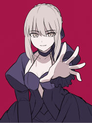 Rule 34 | 1girl, absurdres, artoria pendragon (all), artoria pendragon (fate), bad id, bad pixiv id, black dress, blonde hair, braid, breasts, cleavage, dress, fate/stay night, fate (series), hair ribbon, highres, looking at viewer, lq saku, medium breasts, open hand, ribbon, saber alter, simple background, solo, teeth, yellow eyes
