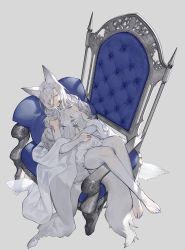 Rule 34 | 1girl, animal ear fluff, animal ears, armchair, bare shoulders, breasts, bridal gauntlets, bridal legwear, cat ears, chair, closed eyes, crossed ankles, dress, from above, full body, grey background, grey hair, grey nails, hair over one eye, hands on own stomach, knees up, leggings, long hair, lying, nail polish, no shoes, noy, on back, one eye covered, original, pillow, reclining, shawl, short dress, simple background, sleeping, sleeveless, sleeveless dress, solo, swept bangs, toenail polish, toenails, very long hair, white dress, white hair, white leggings