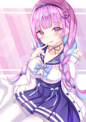 Rule 34 | alternate costume, alternate hairstyle, anchor hair ornament, blush, braid, breasts, cleavage, collarbone, commentary request, hair ornament, headband, highres, hololive, large breasts, looking at viewer, minato aqua, minato aqua (sailor), nail polish, open mouth, pantyhose, purple eyes, ribbon, school uniform, twin braids, virtual youtuber, white pantyhose, yuano