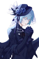 Rule 34 | 1girl, angela (project moon), ascot, bad id, bad pixiv id, black ascot, black dress, black gloves, black headwear, black wings, blue flower, blue hair, blue rose, brooch, closed mouth, colored eyelashes, commentary, dress, e.g.o (project moon), english commentary, english text, expressionless, feather dress, feathered wings, flower, gloves, hair between eyes, hat, hat flower, hat ribbon, highres, jewelry, layered sleeves, library of ruina, light blue hair, own hands clasped, own hands together, plague doctor (project moon), praying, project moon, ribbon, rose, short hair, simple background, thedaw0, upper body, veil, white background, wings