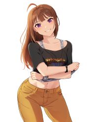 Rule 34 | 1girl, ahoge, alternate hairstyle, black shirt, brown hair, clothes lift, collarbone, denim, hair down, highres, idolmaster, idolmaster million live!, jeans, kamille (vcx68), lifted by self, long hair, looking at viewer, midriff, navel, orange pants, pants, purple eyes, shirt, shirt lift, simple background, smile, solo, standing, white background, yokoyama nao