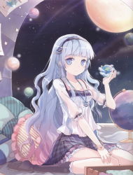 Rule 34 | 1girl, black socks, blue eyes, blue hair, blush, bracelet, braid, breasts, cleavage, cushion, hair ornament, hairband, highres, jewelry, jin young-in, kneehighs, long hair, matching hair/eyes, original, planet, planetarium, pleated skirt, see-through, sitting, skirt, sky, small breasts, smile, socks, solo, space, star (sky), starry sky, striped clothes, striped skirt, wariza