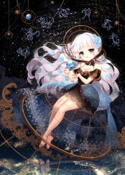 Rule 34 | 1girl, absurdres, bad id, bad pixiv id, bare shoulders, barefoot, blue flower, blue rose, blush, breasts, capricorn (constellation), cleavage, crossed ankles, dress, earth (planet), eyeshadow, flower, hair flower, hair ornament, highres, legs, long hair, makeup, original, pisces (constellation), planet, purple hair, reflection, rose, siloteddy, smile, solo, very long hair, zodiac
