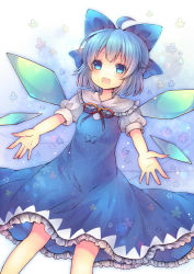 Rule 34 | 1girl, ahoge, blue dress, blue hair, bow, cirno, coa (chroo x), dress, hair bow, ice, ice wings, open mouth, outstretched arms, puffy short sleeves, puffy sleeves, shirt, short sleeves, smile, solo, touhou, wings