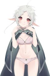 Rule 34 | 1girl, absurdres, antenna hair, bra, breasts, cloak, closed mouth, elf, gluteal fold, green cloak, hands up, head tilt, highres, mushoku tensei, nanananahoshi (artist), navel, panties, pointy ears, red eyes, short hair, simple background, small breasts, smile, solo, sylphiette (mushoku tensei), underwear, white background, white bra, white panties