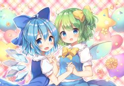 Rule 34 | 2girls, :d, balloon, blue dress, blue eyes, blue hair, blue sky, blue vest, blush, bow, breasts, brown flower, cirno, coa (chroo x), commentary request, daiyousei, dress, fairy wings, fang, flower, frilled shirt collar, frills, green hair, hair between eyes, hair bow, heart, holding hands, ice, ice wings, interlocked fingers, multiple girls, one side up, open mouth, petals, pink flower, plaid, plaid background, puffy short sleeves, puffy sleeves, shirt, short sleeves, sky, sleeveless, sleeveless shirt, small breasts, smile, star (symbol), touhou, vest, white shirt, wings, yellow bow, yellow flower