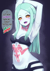 Rule 34 | 1girl, armpits, arms up, artificial eye, black bra, black panties, blush, bra, breasts, colored sclera, commentary, cyberpunk (series), cyberpunk edgerunners, english commentary, english text, green hair, highres, logo, mechanical eye, mountain dew, navel, neck tattoo, open mouth, panties, petite, product placement, rebecca (cyberpunk), red pupils, red sclera, sleeptopi, small breasts, speech bubble, stomach, stomach tattoo, strapless, strapless bra, sweat, tattoo, underwear