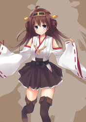 Rule 34 | 10s, 1girl, bad id, bad pixiv id, bare shoulders, blush, boots, breasts, brown hair, detached sleeves, double bun, hair ornament, hairband, headgear, highres, ite fuji, japanese clothes, kantai collection, kongou (kancolle), long hair, miko, nontraditional miko, panties, personification, ribbon-trimmed sleeves, ribbon trim, silhouette, grey eyes, skirt, smile, solo, thigh boots, thighhighs, underwear, white panties, wide sleeves