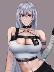 Rule 34 | 1girl, arm wrap, azur lane, badge, bandaged arm, bandages, black choker, black pants, bra, breasts, brown background, choker, cleavage, commentary, contrapposto, earrings, eyelashes, grin, hair between eyes, highres, hihizaru badass, jewelry, large breasts, lips, long hair, looking at viewer, midriff, mole, mole under eye, navel, o-ring, official alternate costume, pants, red eyes, silver hair, simple background, sleeveless, smile, solo, sovetskaya rossiya (azur lane), sovetskaya rossiya (the lackadaisical lookout) (azur lane), sports bra, straight hair, strap, symbol-only commentary, underwear, upper body, white bra