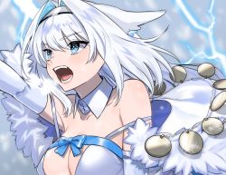 Rule 34 | 1girl, absurdres, animal ear fluff, animal ears, bare shoulders, blue bow, blue eyes, blue ribbon, bow, breasts, cat ears, cat girl, cat tail, cleavage, cocoro mimi, detached collar, detached sleeves, dobrynya nikitich (fate), dress, fate/grand order, fate (series), fur trim, hair bow, hairband, highres, large breasts, long hair, low ponytail, ribbon, short dress, tail, white dress, white hair