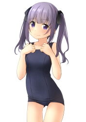 Rule 34 | 1girl, black ribbon, blue one-piece swimsuit, blunt bangs, breasts, cowboy shot, gluteal fold, hair ribbon, highres, long hair, looking at viewer, old school swimsuit, one-piece swimsuit, original, purple eyes, purple hair, ribbon, school swimsuit, shibacha, simple background, small breasts, solo, swimsuit, thigh gap, twintails, white background