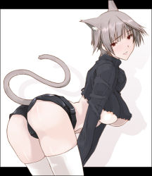 Rule 34 | 1girl, aka ume, animal ears, ass, bent over, blush, breasts, cat ears, cat tail, large breasts, original, short hair, short shorts, shorts, solo, tail, thighhighs, underboob