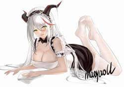 Rule 34 | 1girl, :p, aegir (azur lane), aegir (iron blood&#039;s dragon maid) (azur lane), arm strap, azur lane, bare shoulders, black skirt, blush, breasts, cleavage, feet up, full body, garter straps, hair between eyes, horns, large breasts, looking at viewer, lying, maid, maid headdress, maoyao-ll, no shoes, on stomach, simple background, skirt, smile, solo, thighhighs, tongue, tongue out, white background, white thighhighs, yellow eyes