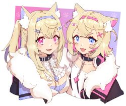 Rule 34 | 2girls, :d, animal ear fluff, animal ears, bandaid, bandaid hair ornament, belt collar, black collar, blonde hair, blue eyes, blue hair, blush, breasts, center frills, chain, cleavage, collar, collarbone, commentary request, cropped torso, crossed bangs, dog ears, dog girl, fangs, flat chest, frills, fur-trimmed jacket, fur trim, fuwamoco, fuwawa abyssgard, fuwawa abyssgard (1st costume), hair ornament, hair over shoulder, hairband, hairclip, highres, hololive, hololive english, jacket, large breasts, long hair, looking at viewer, mococo abyssgard, mococo abyssgard (1st costume), multicolored background, multicolored hair, multiple girls, naekam, open mouth, pink eyes, pink hair, pink hairband, ponytail, purple hairband, shirt, short hair, siblings, side-by-side, sidelocks, sisters, skin fangs, smile, spiked collar, spikes, streaked hair, twins, two side up, virtual youtuber, white shirt, x hair ornament