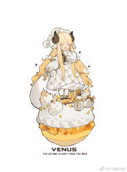 Rule 34 | 1girl, animal ears, bag, blonde hair, blush, bow, box, brown footwear, brown horns, detached sleeves, dress, gift, gift box, hair bow, hand to own mouth, hand up, hat, holding, horns, icing, long hair, one eye closed, open mouth, original, planet, puffy sleeves, sheep ears, sheep girl, sheep horns, shoes, starshadowmagician, very long hair, white background, white bag, white bow, white dress, yawning