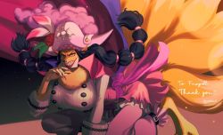 Rule 34 | 1girl, all fours, alternate form, animal ears, animal nose, blouse, body fur, breasts, cape, catarina devon, commission, evil grin, evil smile, fingernails, floating hair, flower, fox ears, fox girl, fox tail, fur collar, furry, furry female, grin, hand up, hat, hat flower, huge breasts, long fingernails, long hair, long sleeves, looking at viewer, multiple tails, nail polish, one piece, pants, pink cape, pink pants, pirate, pirate hat, pointy ears, red flower, red nails, red rose, rose, sharp fingernails, sharp teeth, shirt, skeb commission, skull and crossbones, smile, snout, solo, tail, teeth, v-shaped eyebrows, very long hair, youkan (tako)