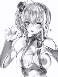 Rule 34 | 1girl, azur lane, bad id, bad pixiv id, blush, breasts, commentary request, greyscale, hair between eyes, handjob gesture, heart, highres, large breasts, looking at viewer, monochrome, nanashi (nlo), nipples, solo, st. louis (azur lane)