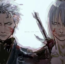 Rule 34 | 2boys, bishounen, blood, blood on face, blue eyes, coat, dante (devil may cry), devil may cry, devil may cry (series), devil may cry 3, hair slicked back, highres, looking at viewer, male focus, multiple boys, rebellion (sword), red coat, seyyy 12345, siblings, simple background, smile, sword, twins, vergil (devil may cry), weapon, white hair