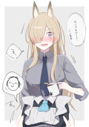 Rule 34 | 1girl, absurdres, animal ears, doodle sensei (blue archive), blonde hair, blue archive, blue eyes, blush, coffee mug, cup, fang, highres, holding, holding cup, kanna (blue archive), long hair, looking at viewer, maid, mochimori kusunoki, mug, necktie, open mouth, sensei (blue archive), simple background, speech bubble, spilling, translation request