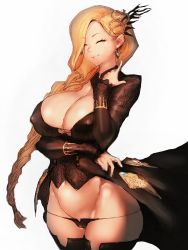 Rule 34 | 1girl, black panties, blonde hair, braid, breasts, cleavage, closed eyes, covered erect nipples, curvy, detached sleeves, earrings, fumio (rsqkr), jewelry, large breasts, light smile, long hair, narrow waist, nipples, panties, phantasy star, phantasy star online 2, phareg (pso2), simple background, smile, solo, thick thighs, thighs, underwear, white background, wide hips
