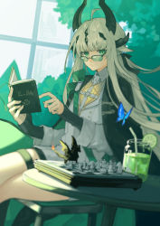 Rule 34 | 1girl, absurdres, ahoge, arknights, arm warmers, bespectacled, black jacket, blue butterfly, book, bug, butterfly, chair, chess piece, chessboard, closed mouth, collared shirt, commentary request, crossed legs, dragon horns, drinking straw, feet out of frame, food, fruit, glasses, green eyes, green jacket, grey hair, hair ribbon, highres, holding, holding book, horns, insect, jacket, jacket on shoulders, lime (fruit), lime slice, long hair, long sleeves, looking at viewer, miike (992058), multicolored clothes, multicolored jacket, open book, open clothes, open jacket, plant, reading, reed (arknights), reed (emerald holiday) (arknights), ribbon, semi-rimless eyewear, shirt, sitting, slit pupils, solo, table, thigh strap, two-sided fabric, two-sided jacket, two-tone jacket, two-tone shirt, white shirt, window, wing collar, yellow shirt