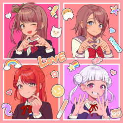 Rule 34 | 4girls, arashi chisato, black jacket, blue eyes, blush, bow, bowtie, candy, closed mouth, collared shirt, commentary request, double bun, eighth note, embarrassed, finger heart, flower (symbol), food, glowstick, green bow, grey hair, grey sailor collar, grin, hair bow, hair bun, heart, heart hands, in-franchise crossover, jacket, korean commentary, long hair, long sleeves, looking at viewer, love live!, love live! nijigasaki high school idol club, love live! school idol project, love live! sunshine!!, love live! superstar!!, medium hair, minami kotori, multiple girls, musical note, namgic, neck ribbon, one eye closed, open mouth, orange background, pink background, pink eyes, purple background, rainbow, red bow, red bowtie, red hair, red ribbon, ribbon, sailor collar, school uniform, serafuku, shirt, shooting star, short hair, smile, star (symbol), striped bow, striped bowtie, striped clothes, uehara ayumu, upper body, watanabe you, white hair, white shirt, yellow eyes