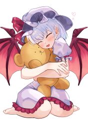 Rule 34 | 1girl, absurdres, bare legs, barefoot, bat wings, blue hair, commentary request, dress, frilled dress, frills, full body, happy, hat, hat ribbon, highres, hugging object, mob cap, ninzin 88hon, pink dress, pink hair, red ribbon, red wings, remilia scarlet, ribbon, sitting, solo, stuffed animal, stuffed toy, teddy bear, touhou, wariza, wings