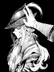 Rule 34 | 1girl, angry, black background, bloodborne, coat, commentary, from side, greyscale, hand on another&#039;s head, hand on headwear, hat, highres, kuropin, lady maria of the astral clocktower, long hair, looking at viewer, monochrome, ponytail, profile, solo focus, the old hunters, tricorne, upper body