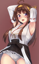 Rule 34 | 1girl, ahoge, armpits, arms behind head, arms up, bad id, bad pixiv id, black skirt, blush, boots, breasts, brown hair, detached sleeves, double bun, from below, hair bun, hairband, headgear, highres, hinacalibur, japanese clothes, kantai collection, kongou (kancolle), kongou kai ni (kancolle), large breasts, lips, long hair, looking at viewer, nontraditional miko, open mouth, panties, purple background, purple eyes, ribbon-trimmed sleeves, ribbon trim, skirt, smile, solo, underwear, white panties