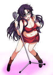 Rule 34 | 1girl, bare arms, black hair, blue eyes, blush, boots, breasts, brown footwear, cleavage, commentary request, cosplay, crop top, embarrassed, glasses, hair intakes, large breasts, long hair, meiko, meiko (cosplay), meiko (vocaloid), messy hair, microphone, midriff, miniskirt, navel, open mouth, parted bangs, read or die, red skirt, sakaki imasato, skirt, sleeveless, solo, vintage microphone, vocaloid, wrist cuffs, yomiko readman