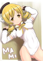 Rule 34 | 1girl, blonde hair, blush, breasts, cameltoe, character name, closed mouth, covered navel, cowboy shot, drill hair, female focus, fingerless gloves, gloves, highres, long sleeves, looking at viewer, mahou shoujo madoka magica, qm, ribbon, shadow, smile, solo, tomoe mami, twin drills, yellow eyes