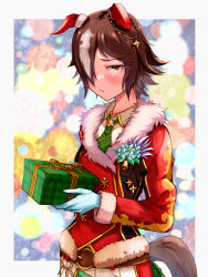Rule 34 | 1girl, animal ears, border, brown hair, chokin tsucho, christmas, closed mouth, coat, collared shirt, fur coat, gift, gloves, green necktie, hair over one eye, highres, holding, holding gift, horse ears, horse girl, horse tail, long hair, long sleeves, looking at viewer, necktie, pants, ponytail, red coat, shirt, solo, tail, umamusume, upper body, vodka (nonfreezing aqua vitae) (umamusume), vodka (umamusume), white border, white gloves, white pants, white shirt, yellow eyes