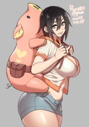 Rule 34 | 1girl, agawa ryou, animal bag, artist name, backpack, bag, black hair, blue eyes, blue shorts, breasts, cleavage, closed mouth, commentary, cropped jacket, dated, denim, denim shorts, english commentary, from side, grey background, hair between eyes, jacket, large breasts, long hair, medium hair, midriff, navel, original, pig bag, short sleeves, shorts, smile, solo, standing, thick thighs, thighs, white jacket, zipper pull tab