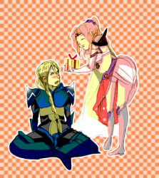 Rule 34 | 1990s (style), armor, blonde hair, blush, cain highwind, cape, closed eyes, final fantasy, final fantasy iv, gift, long hair, lowres, pink hair, rosa farrell, sitting