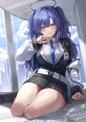 Rule 34 | 1girl, black skirt, blue archive, blue necktie, blush, bottle, breasts, closed mouth, collared shirt, formal, halo, highres, jacket, large breasts, long hair, long sleeves, looking at viewer, mechanical halo, menmen (menmen13s), necktie, open clothes, open jacket, pleated skirt, purple eyes, purple hair, shirt, skirt, solo, suit, two side up, water, water bottle, white jacket, white shirt, yuuka (blue archive)
